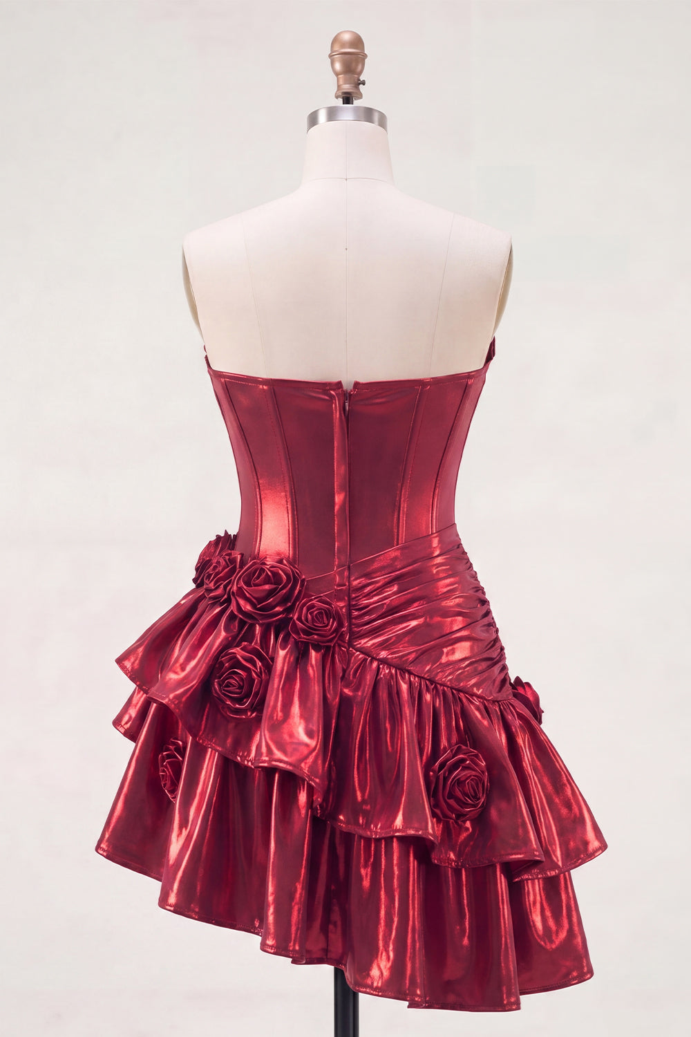 Burgundy Glitter Ruffled A Line Metallic Short Corset Homecoming Dress with 3D Flowers