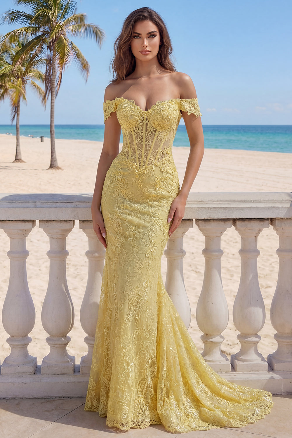 Yellow Floral Mermaid Butter Lace Long Corset Off the Shoulder Prom Dress