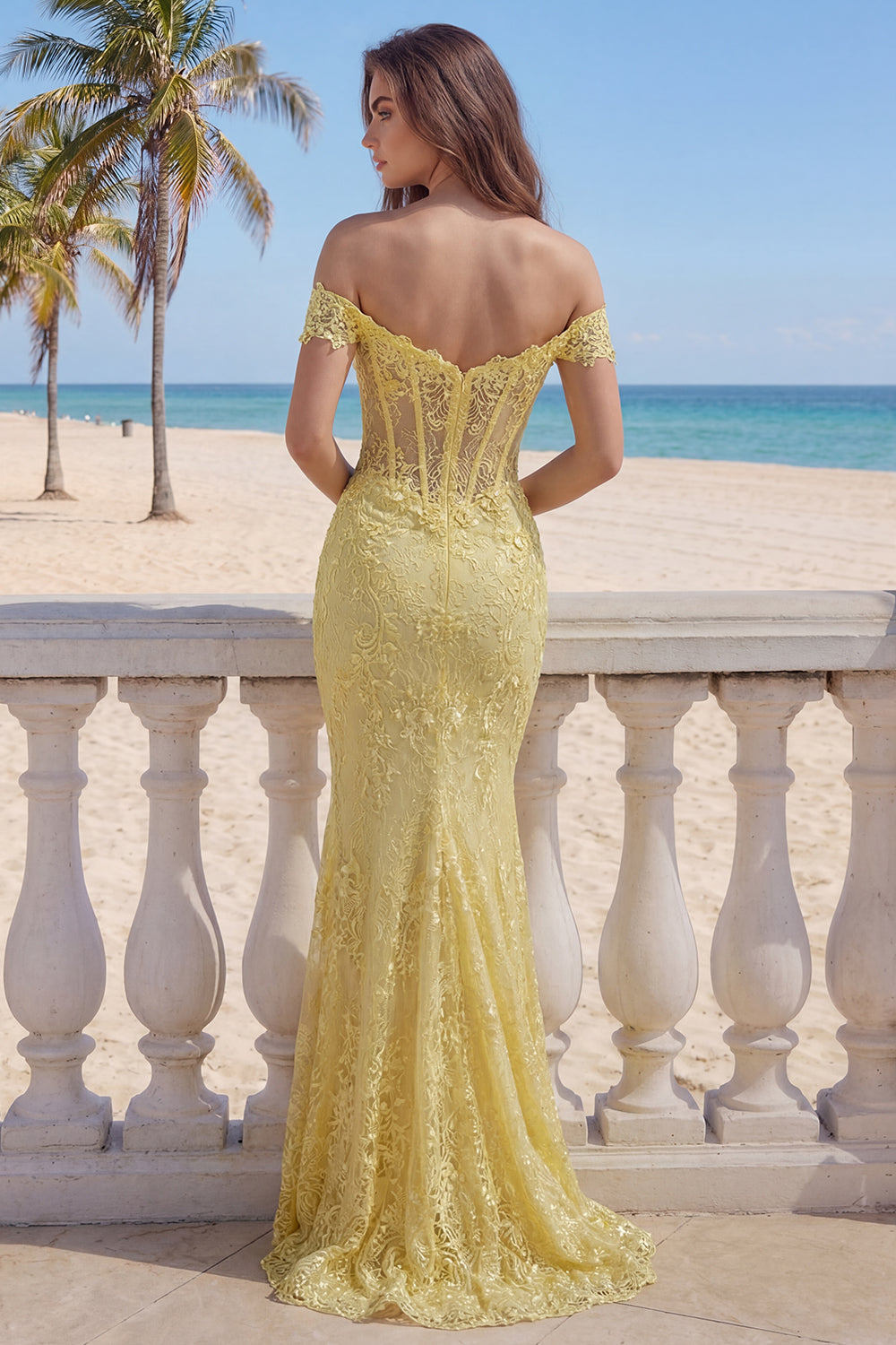 Yellow Floral Mermaid Butter Lace Long Corset Off the Shoulder Prom Dress
