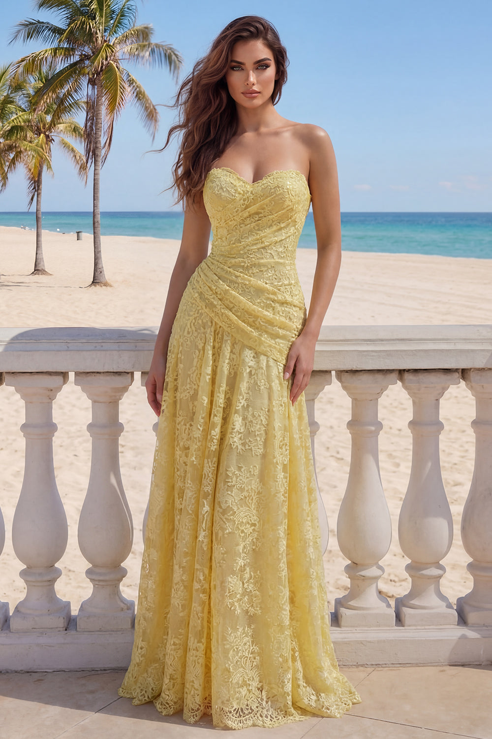 Yellow Floral Sweetheart Butter Lace Long Sheath Ruched Prom Dress