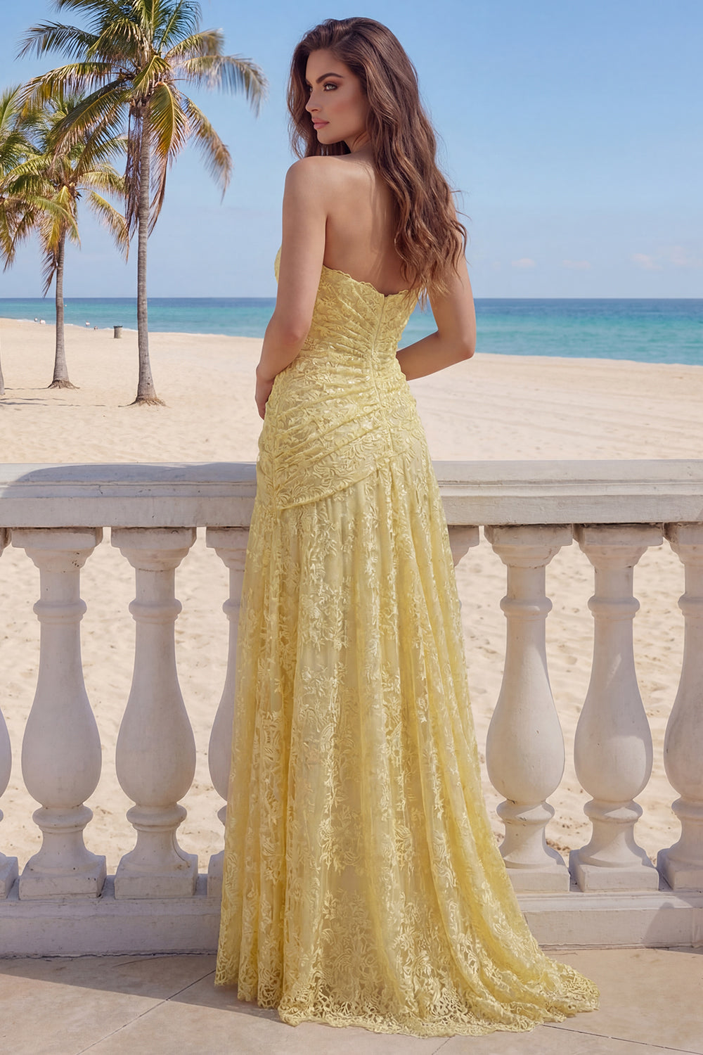 Yellow Floral Sweetheart Butter Lace Long Sheath Ruched Prom Dress
