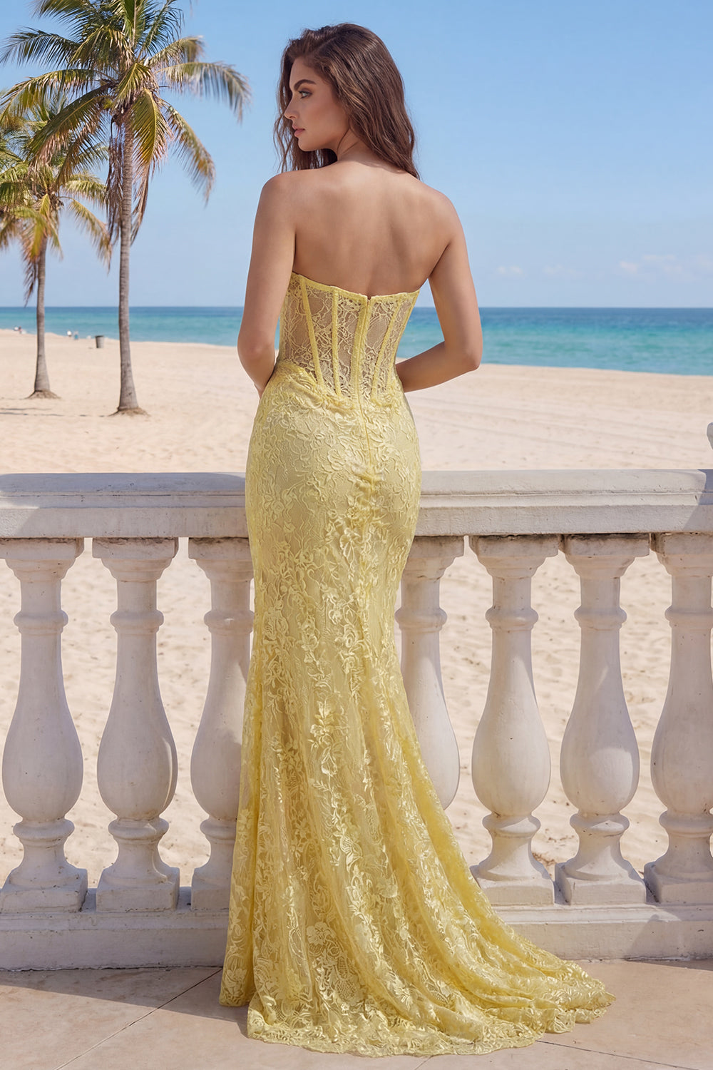 Yellow Floral Strapless Mermaid Butter Lace Corset Long Prom Dress with Slit
