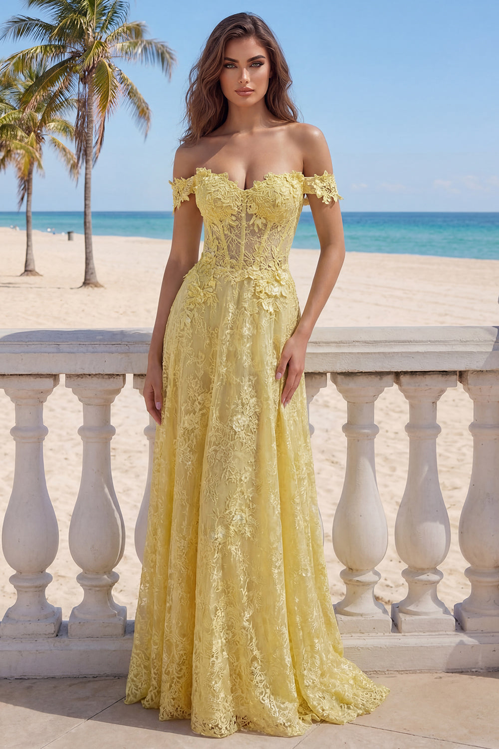 Yellow Floral Off the Shoulder Butter Lace Long A Line Corset Prom Dress