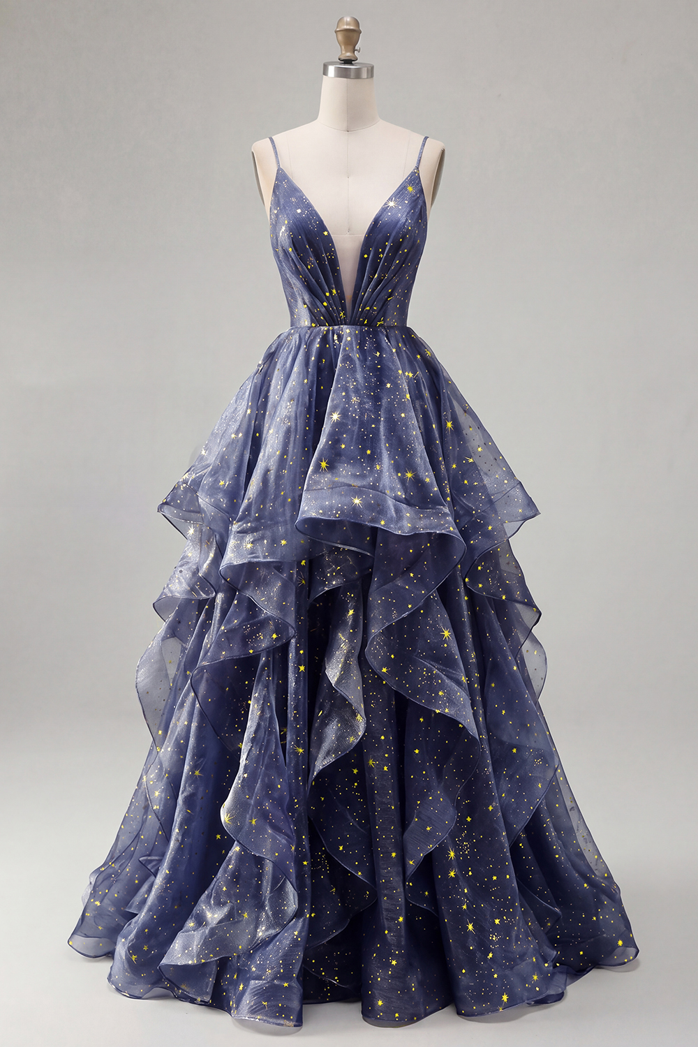 Dusty Blue V-Neck A Line Long Ruched Glitter Formal Dress with Ruffles