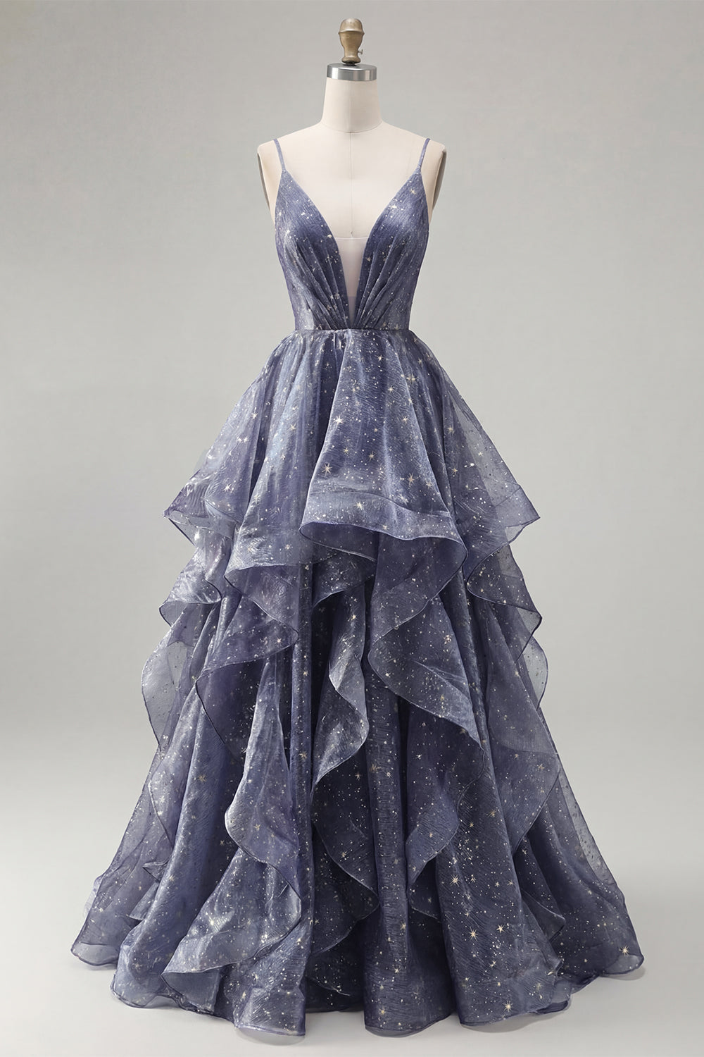 Dusty Blue V-Neck A Line Long Ruched Glitter Formal Dress with Ruffles