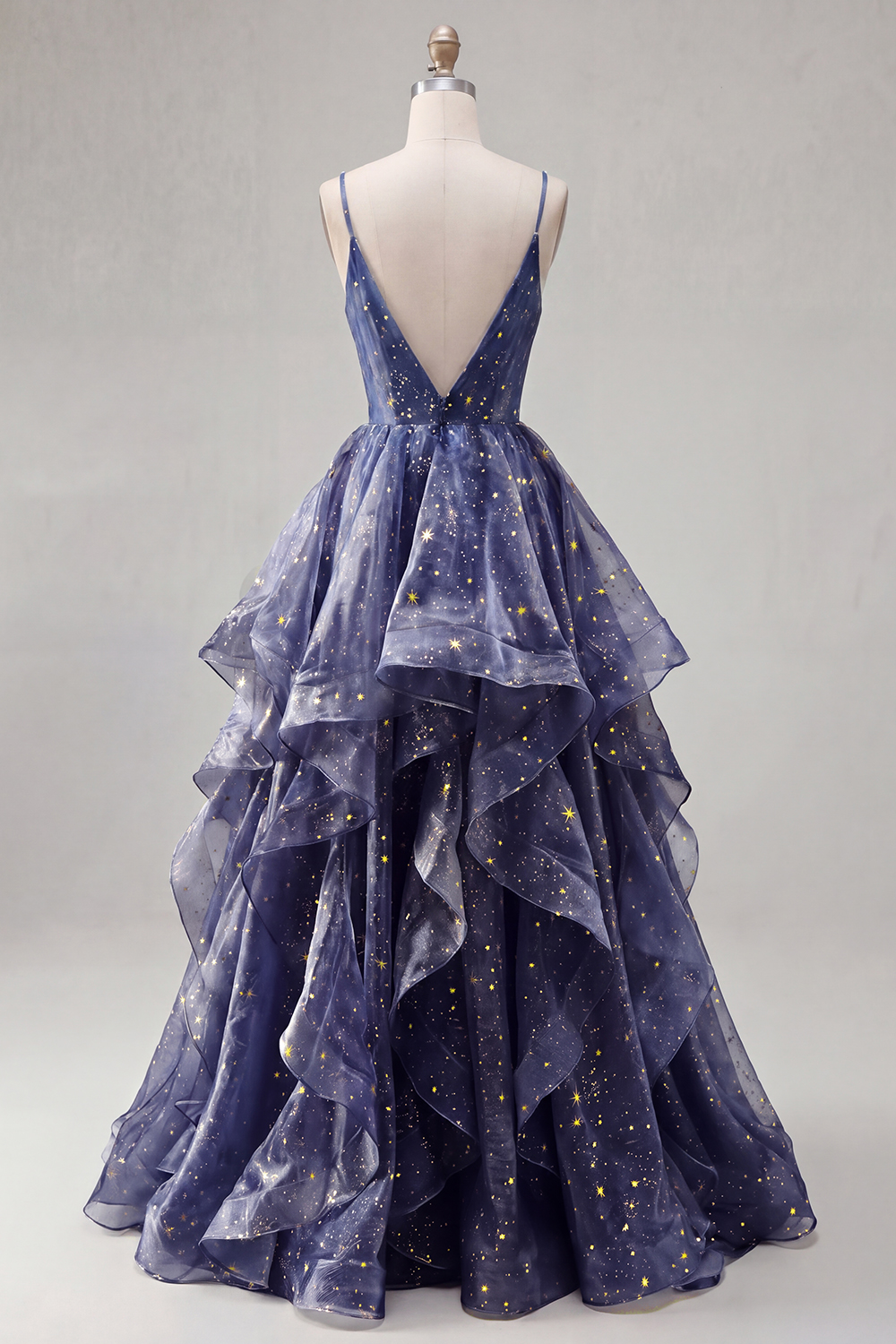 Dusty Blue V-Neck A Line Long Ruched Glitter Formal Dress with Ruffles