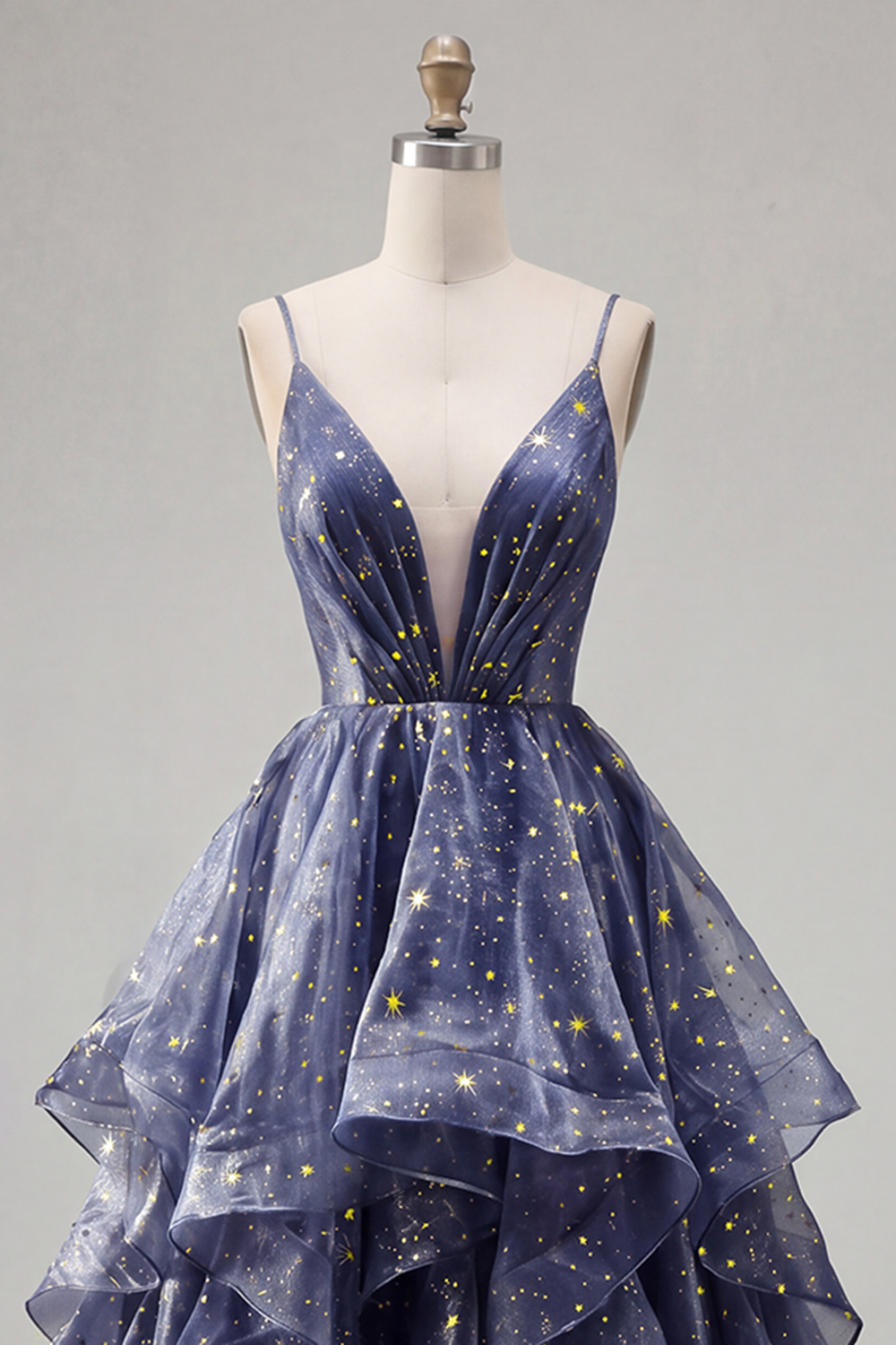 Dusty Blue V-Neck A Line Long Ruched Glitter Formal Dress with Ruffles
