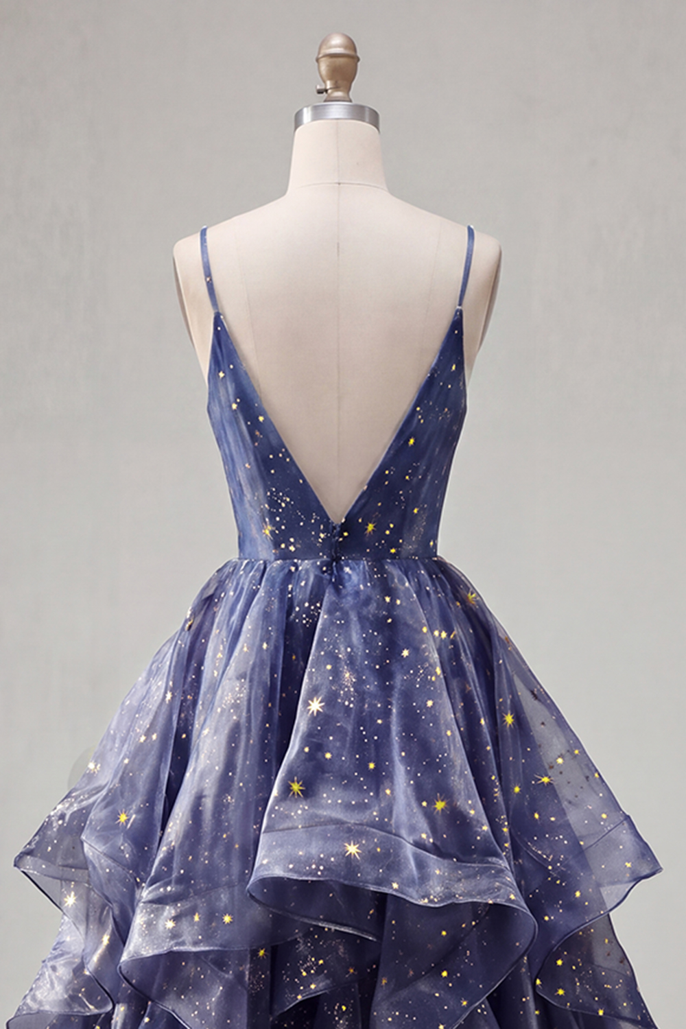 Dusty Blue V-Neck A Line Long Ruched Glitter Formal Dress with Ruffles
