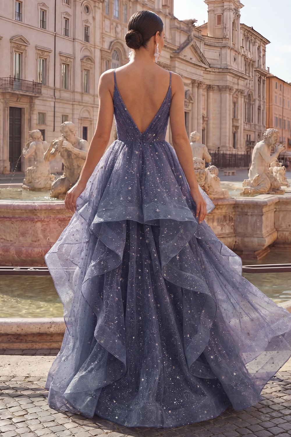 Dusty Blue V-Neck A Line Long Ruched Glitter Formal Dress with Ruffles