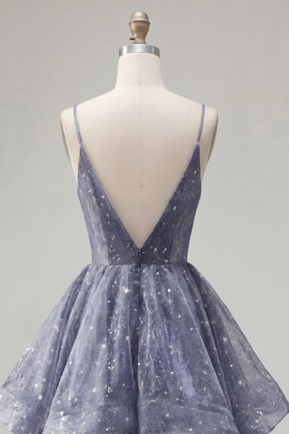 Dusty Blue V-Neck A Line Long Ruched Glitter Formal Dress with Ruffles