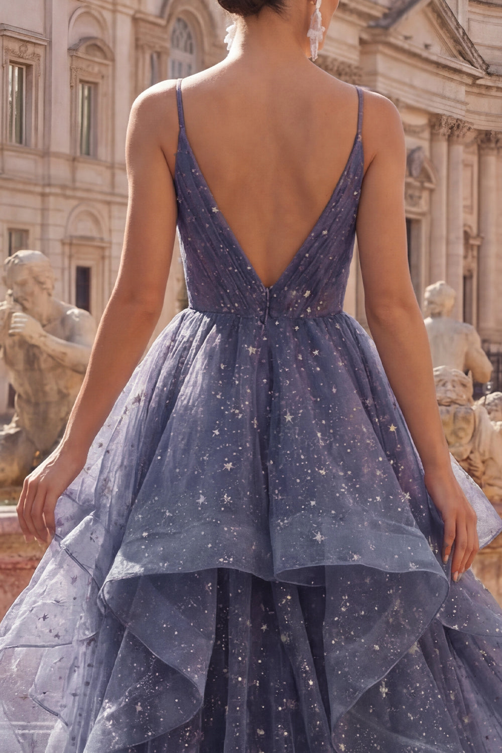 Dusty Blue V-Neck A Line Long Ruched Glitter Formal Dress with Ruffles