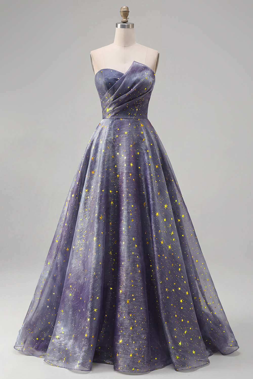 Dusty Blue Strapless Ruched A Line Long Glitter Formal Dress