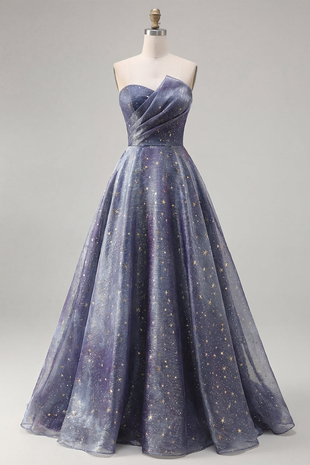 Dusty Blue Strapless Ruched A Line Long Glitter Formal Dress