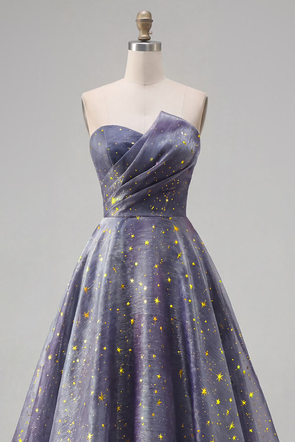 Dusty Blue Strapless Ruched A Line Long Glitter Formal Dress