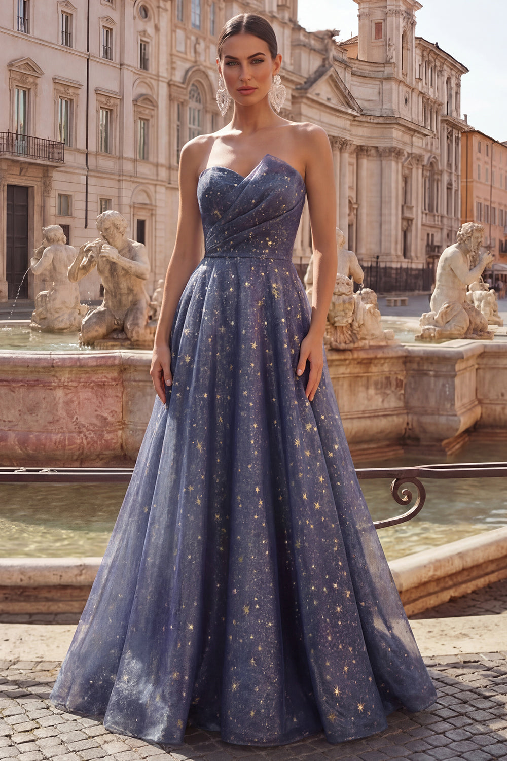 Dusty Blue Strapless Ruched A Line Long Glitter Formal Dress