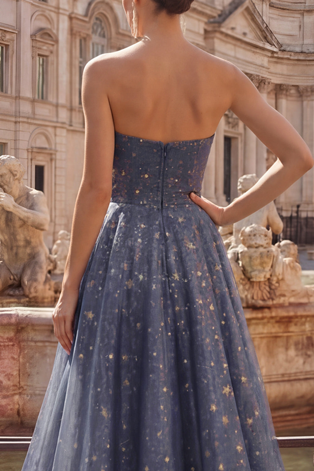 Dusty Blue Strapless Ruched A Line Long Glitter Formal Dress