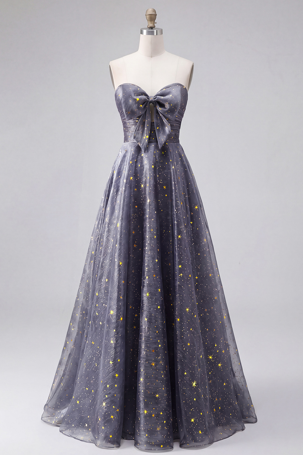 Dusty Blue Strapless A Line Long Glitter Formal Dress with Bow