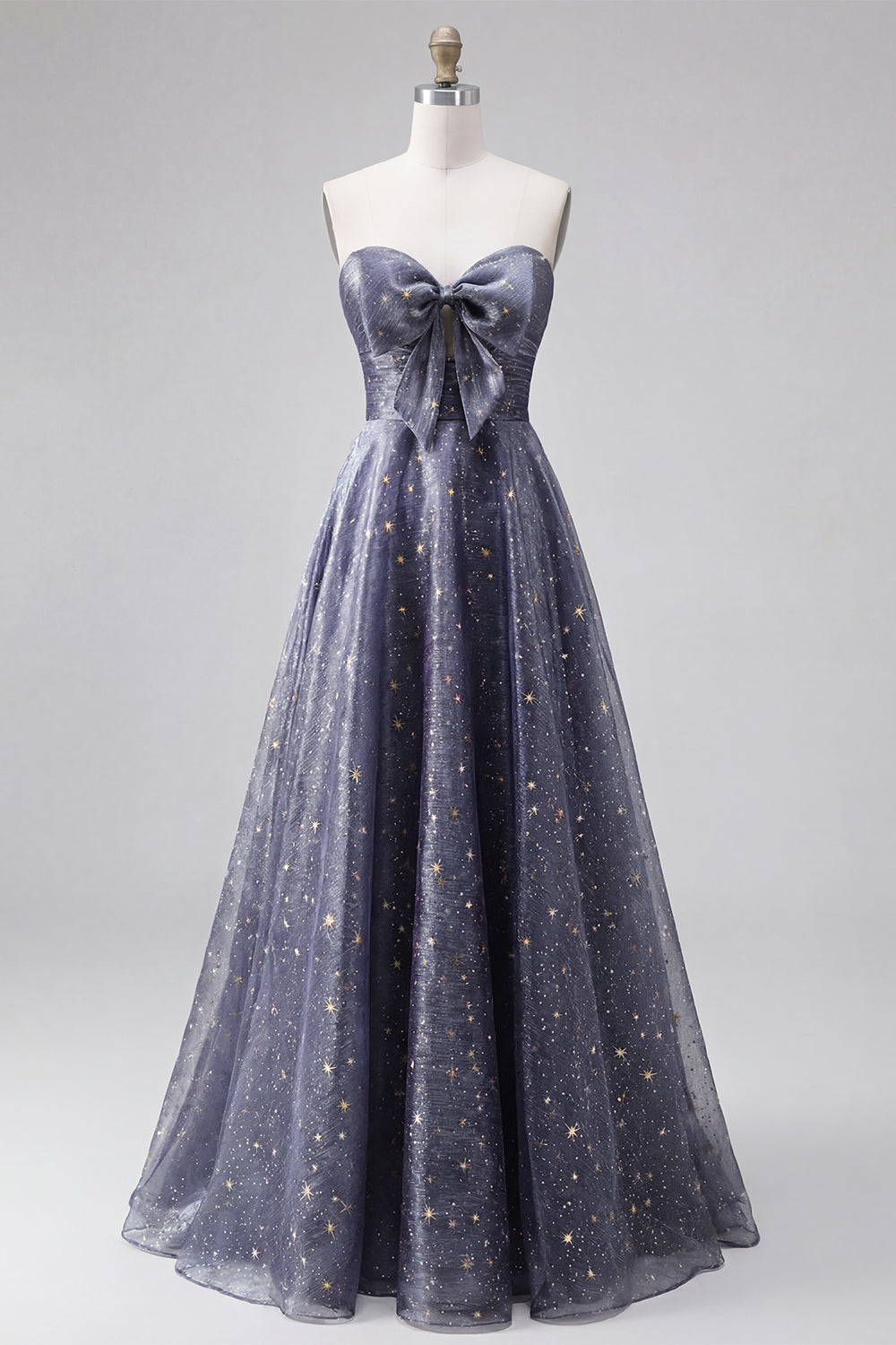 Dusty Blue Strapless A Line Long Glitter Formal Dress with Bow