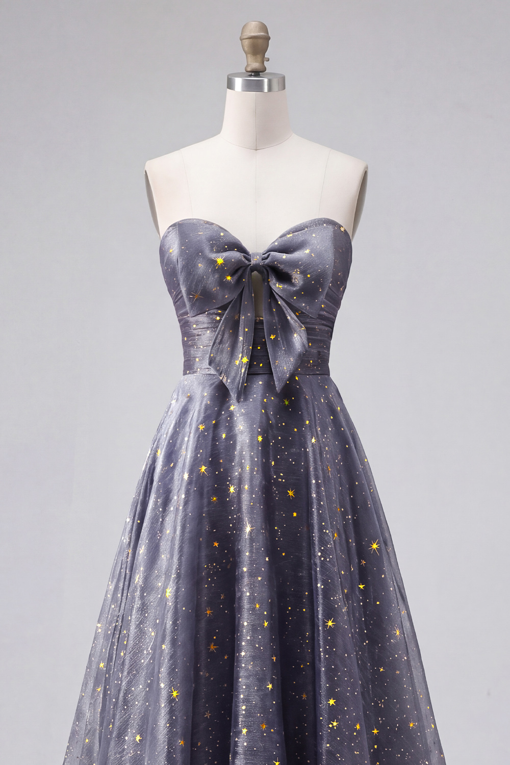 Dusty Blue Strapless A Line Long Glitter Formal Dress with Bow