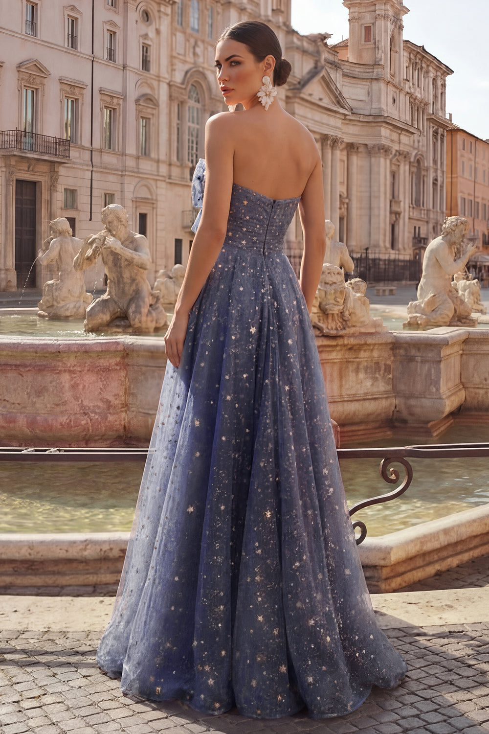 Dusty Blue Strapless A Line Long Glitter Formal Dress with Bow