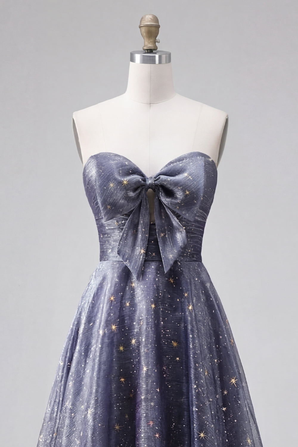 Dusty Blue Strapless A Line Long Glitter Formal Dress with Bow