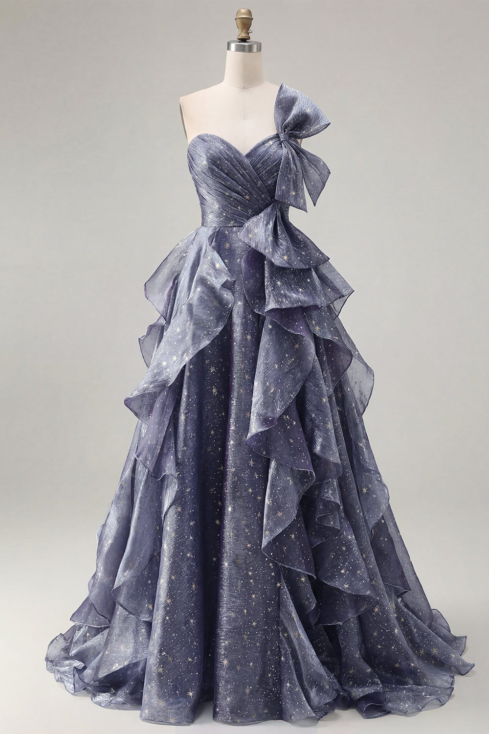 Dusty Blue Ruffled Ruched A Line Glitter One Shoulder Long Formal Dress with Bows