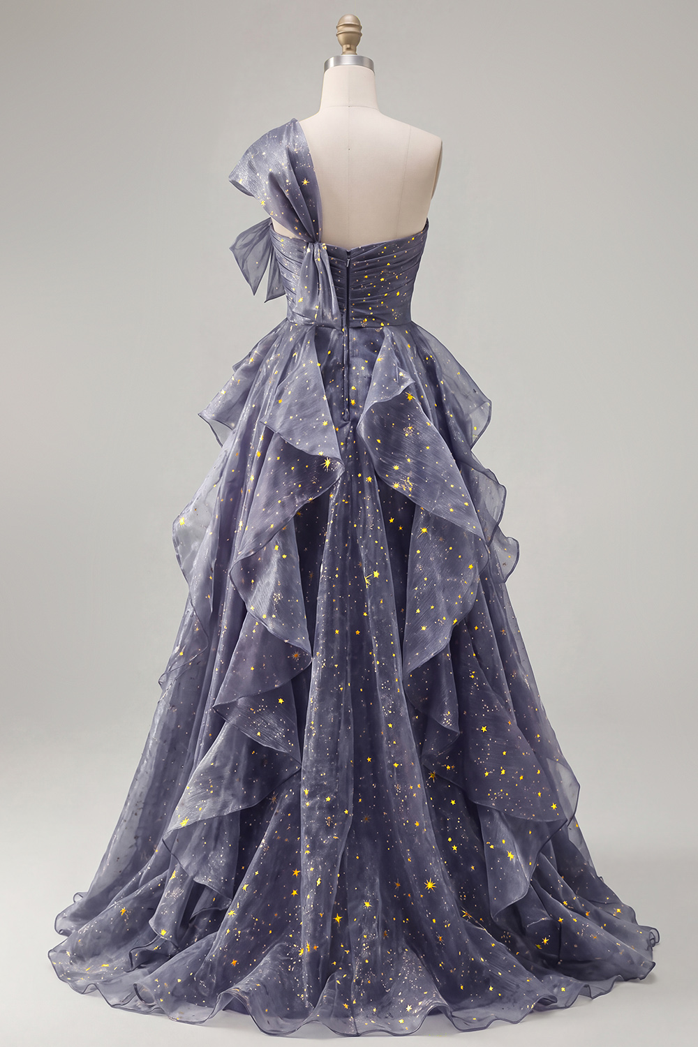 Dusty Blue Ruffled Ruched A Line Glitter One Shoulder Long Formal Dress with Bows