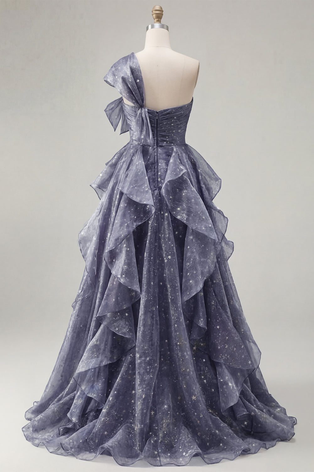 Dusty Blue Ruffled Ruched A Line Glitter One Shoulder Long Formal Dress with Bows