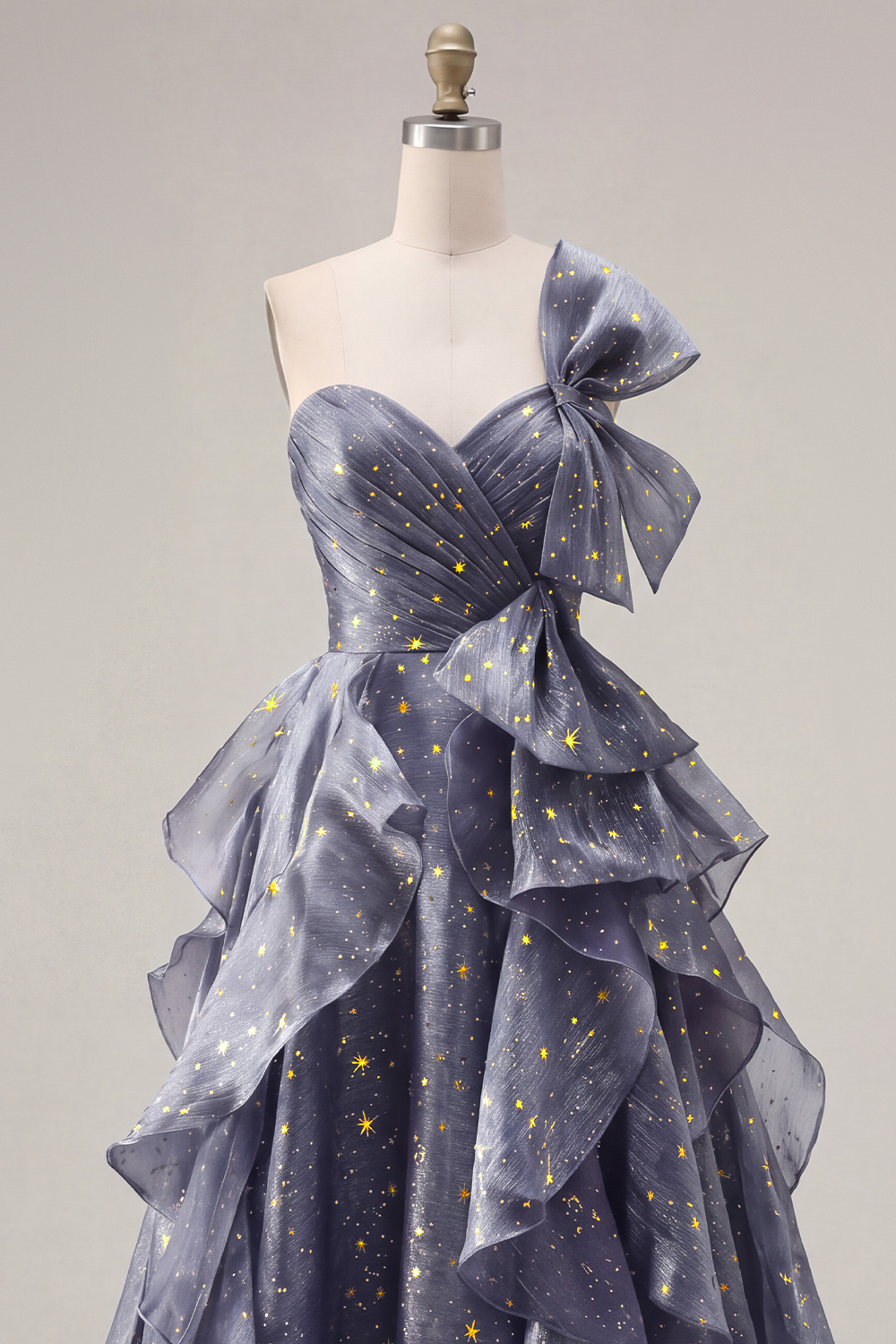 Dusty Blue Ruffled Ruched A Line Glitter One Shoulder Long Formal Dress with Bows