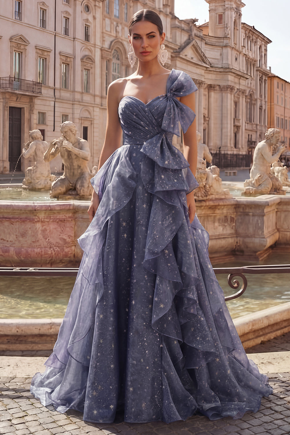 Dusty Blue Ruffled Ruched A Line Glitter One Shoulder Long Formal Dress with Bows