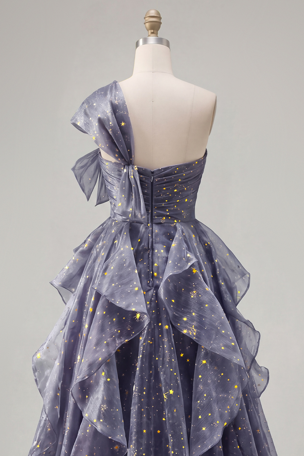 Dusty Blue Ruffled Ruched A Line Glitter One Shoulder Long Formal Dress with Bows