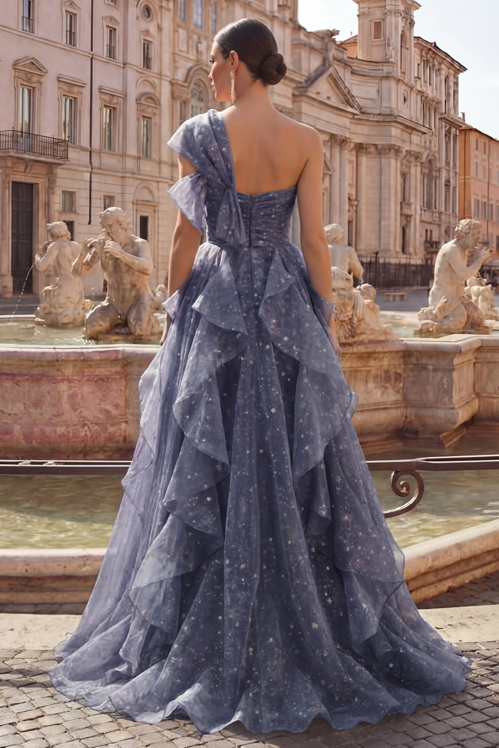 Dusty Blue Ruffled Ruched A Line Glitter One Shoulder Long Formal Dress with Bows