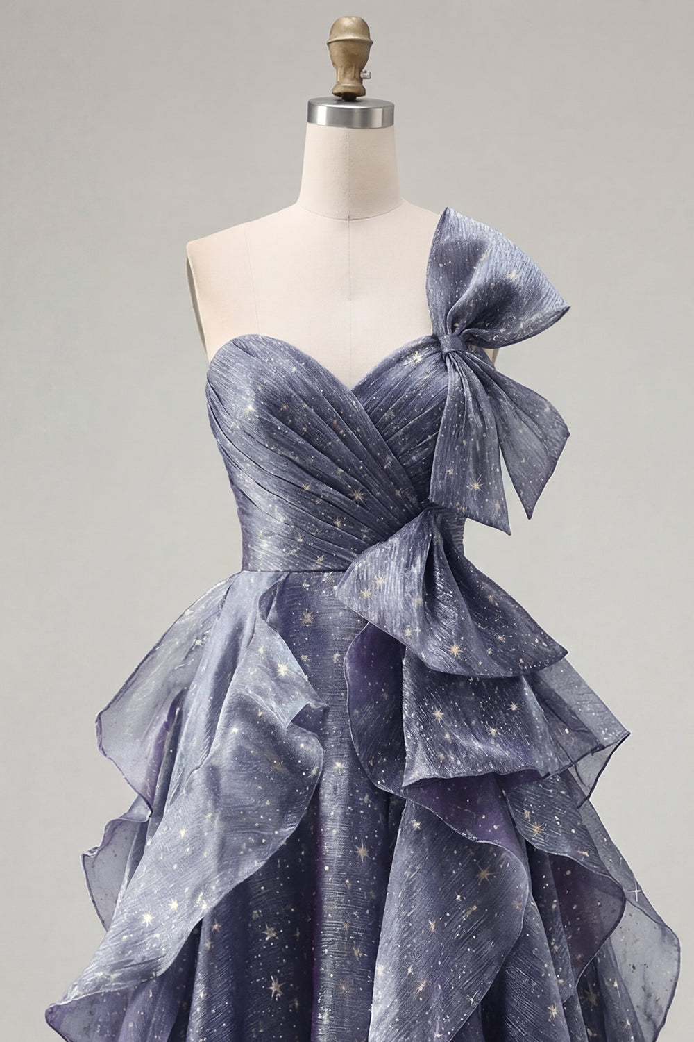 Dusty Blue Ruffled Ruched A Line Glitter One Shoulder Long Formal Dress with Bows