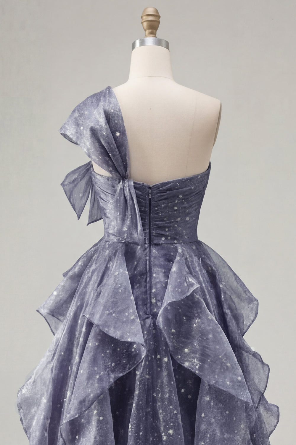 Dusty Blue Ruffled Ruched A Line Glitter One Shoulder Long Formal Dress with Bows