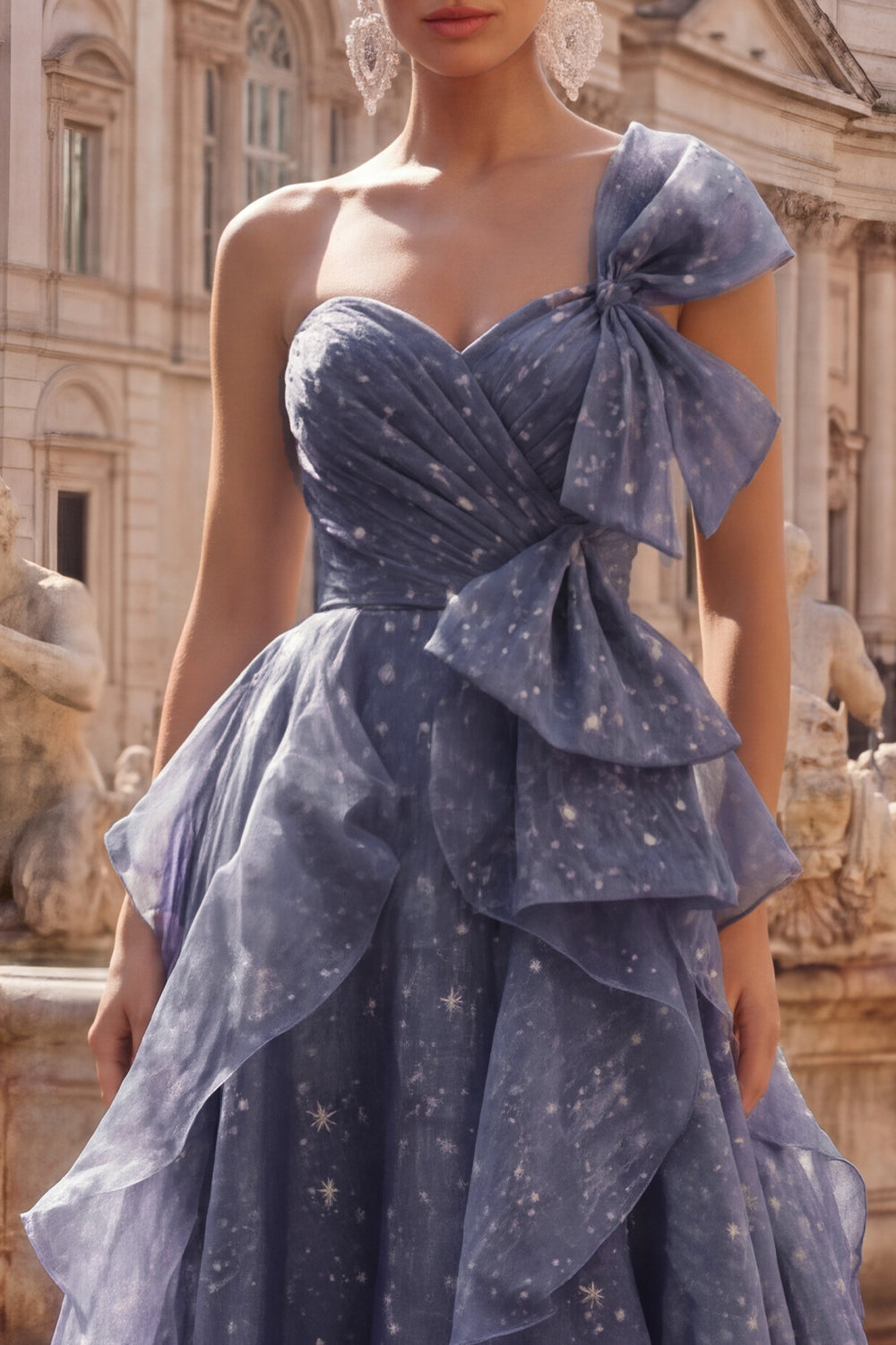 Dusty Blue Ruffled Ruched A Line Glitter One Shoulder Long Formal Dress with Bows