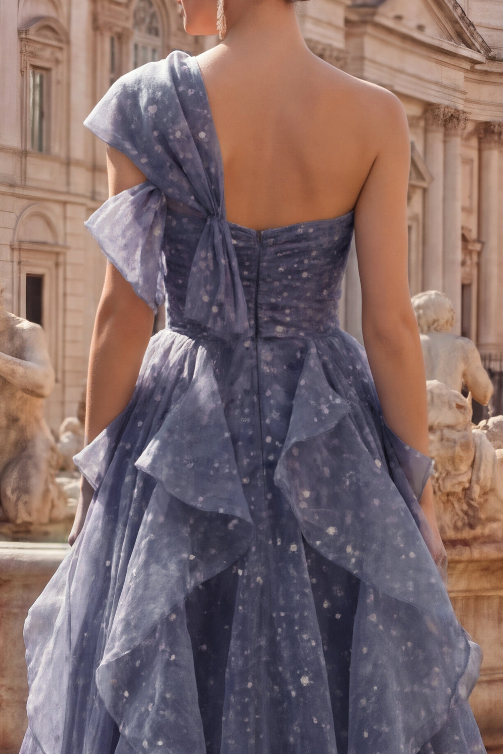 Dusty Blue Ruffled Ruched A Line Glitter One Shoulder Long Formal Dress with Bows