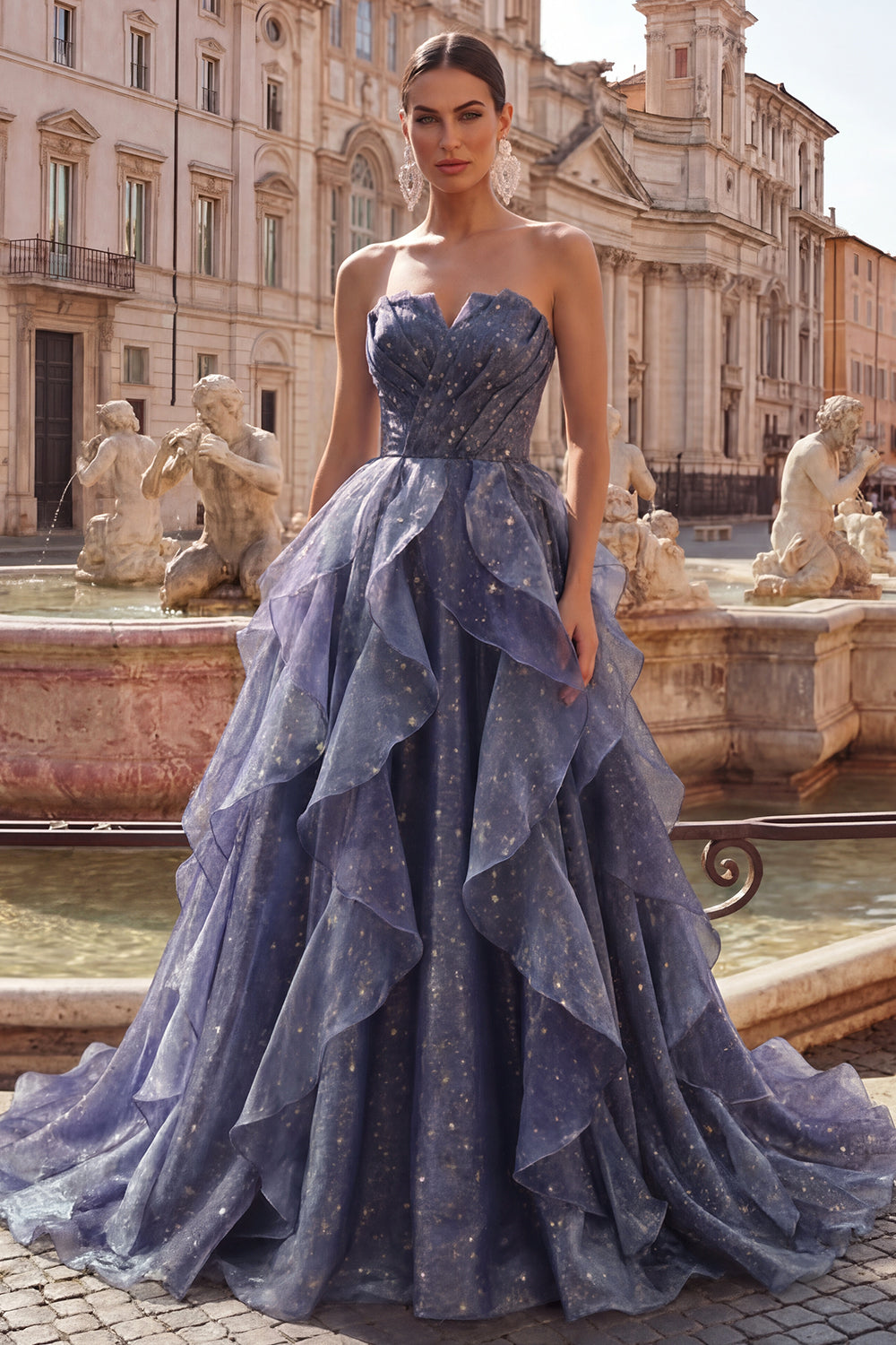 Dusty Blue Ruched A Line Glitter Strapless Long Formal Dress with Ruffles