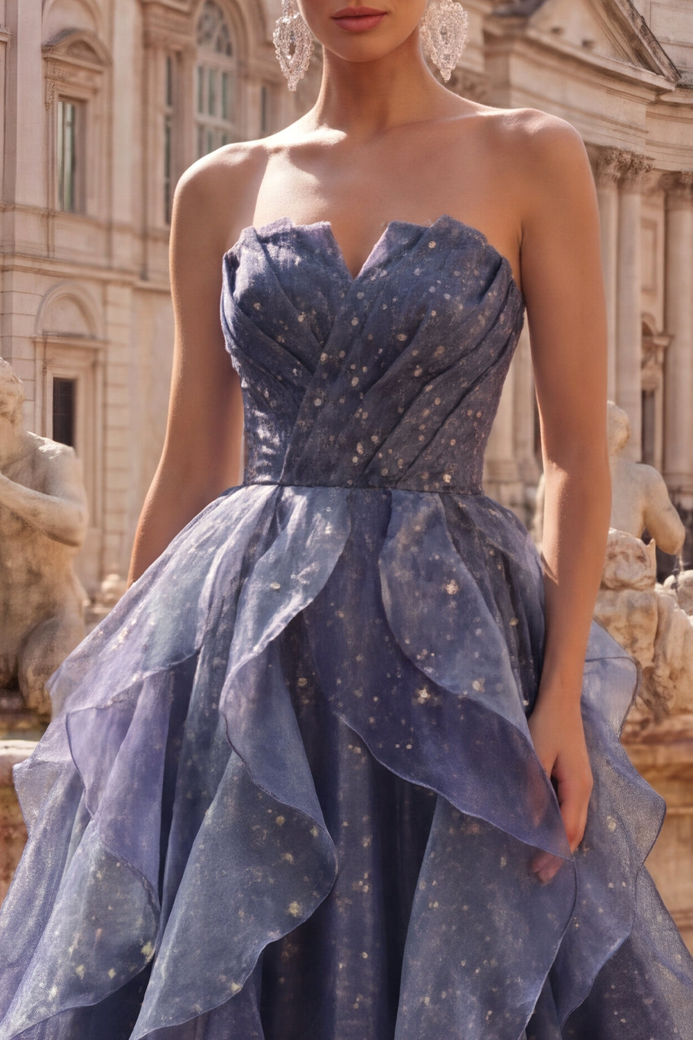 Dusty Blue Ruched A Line Glitter Strapless Long Formal Dress with Ruffles