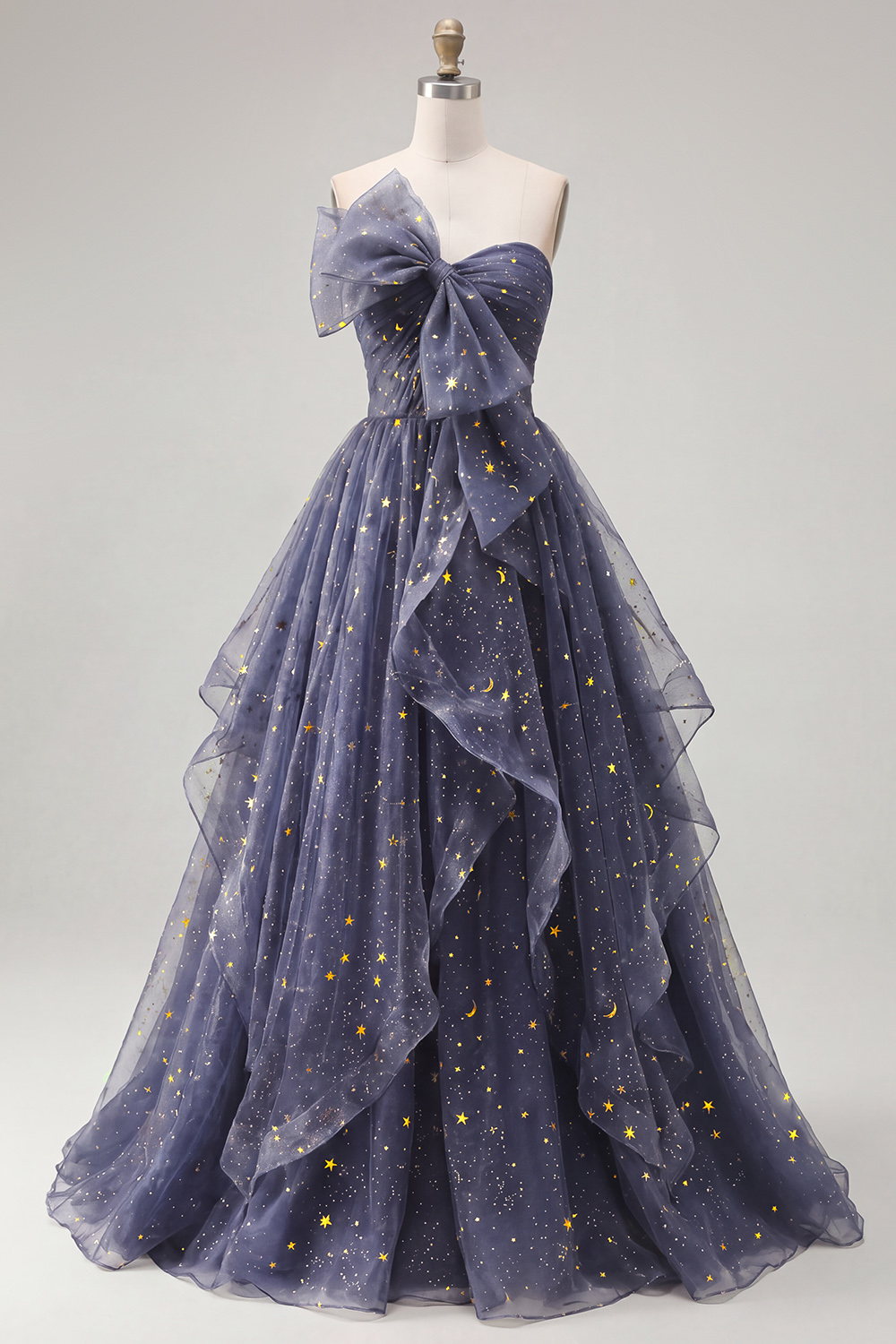 Dusty Blue A Line Glitter Ruffled Long Strapless Formal Dress with Bow