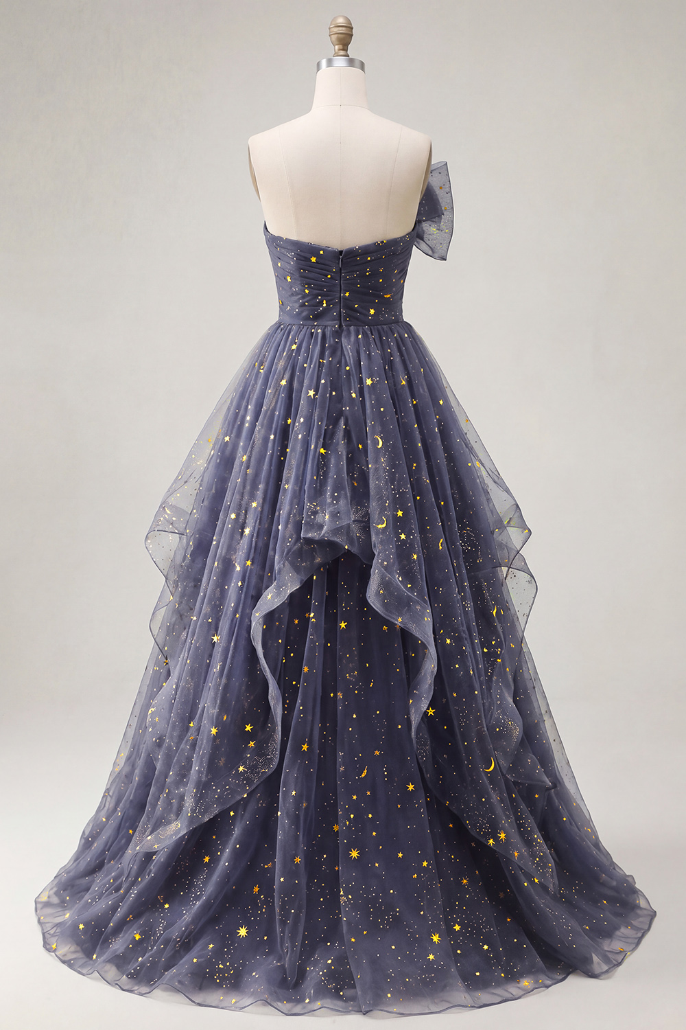 Dusty Blue A Line Glitter Ruffled Long Strapless Formal Dress with Bow