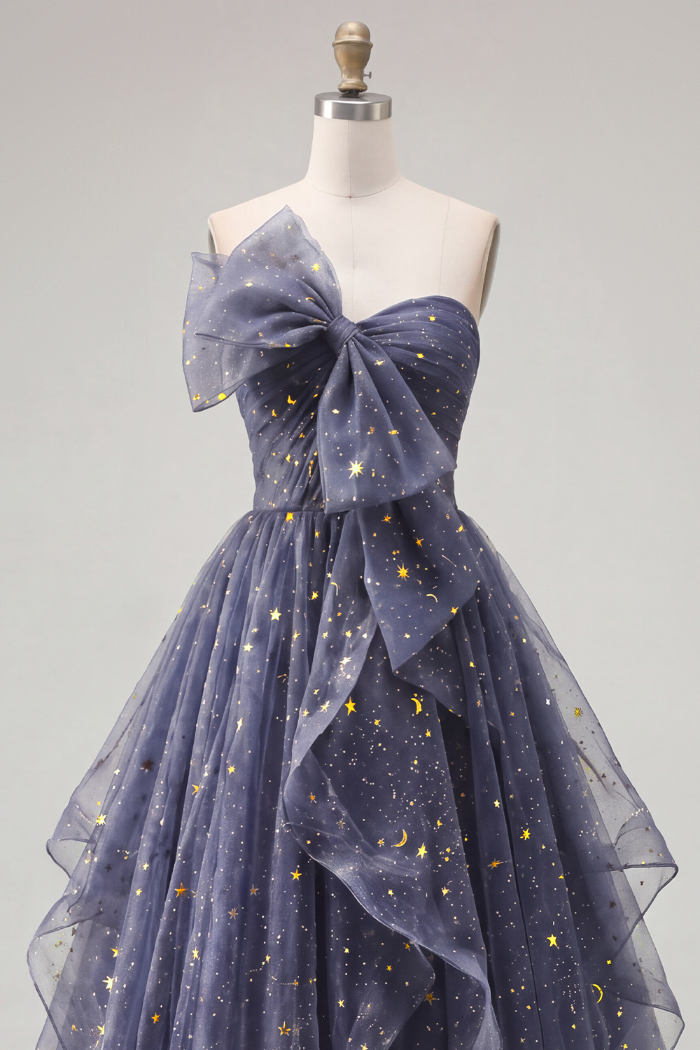 Dusty Blue A Line Glitter Ruffled Long Strapless Formal Dress with Bow