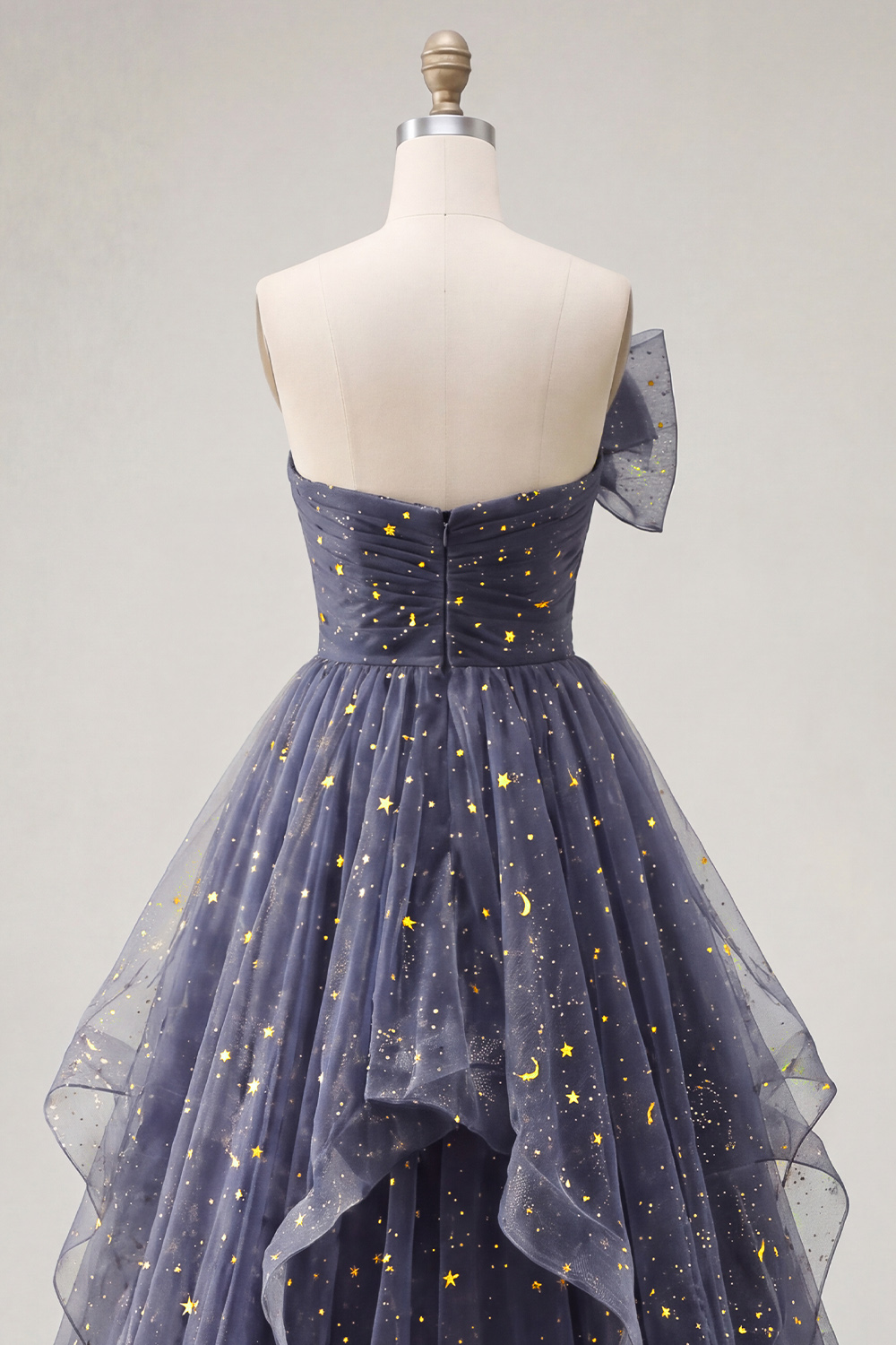 Dusty Blue A Line Glitter Ruffled Long Strapless Formal Dress with Bow