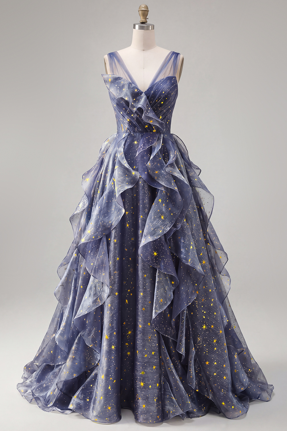 Sparkly Dusty Blue V-Neck Long Ruched A Line Formal Dress with Ruffles