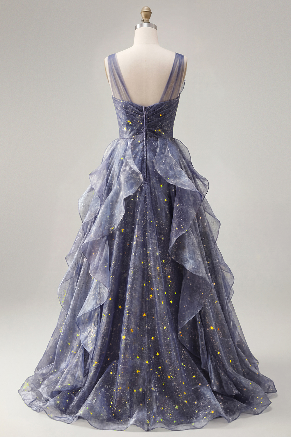 Sparkly Dusty Blue V-Neck Long Ruched A Line Formal Dress with Ruffles