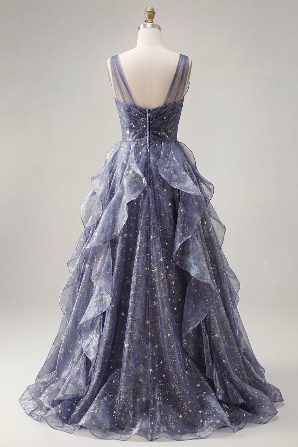 Sparkly Dusty Blue V-Neck Long Ruched A Line Formal Dress with Ruffles