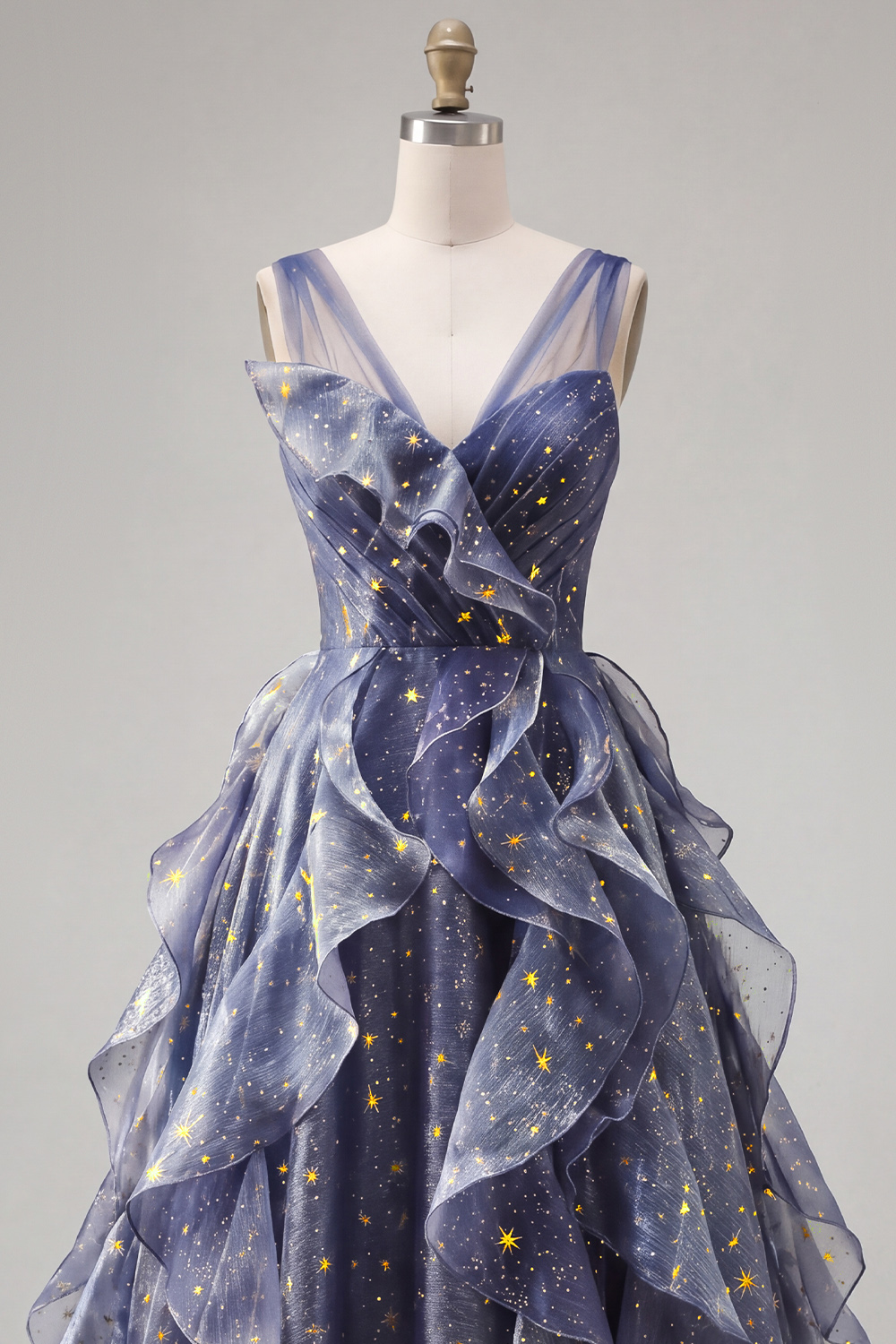 Sparkly Dusty Blue V-Neck Long Ruched A Line Formal Dress with Ruffles