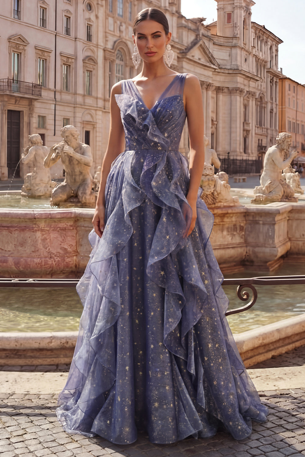 Sparkly Dusty Blue V-Neck Long Ruched A Line Formal Dress with Ruffles