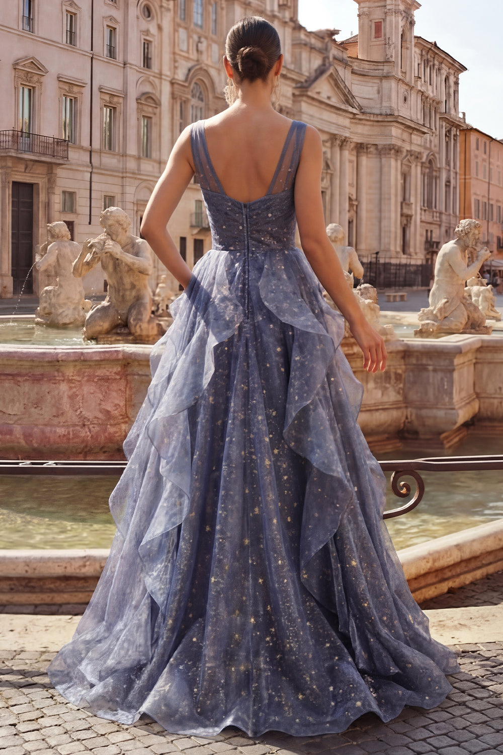 Sparkly Dusty Blue V-Neck Long Ruched A Line Formal Dress with Ruffles