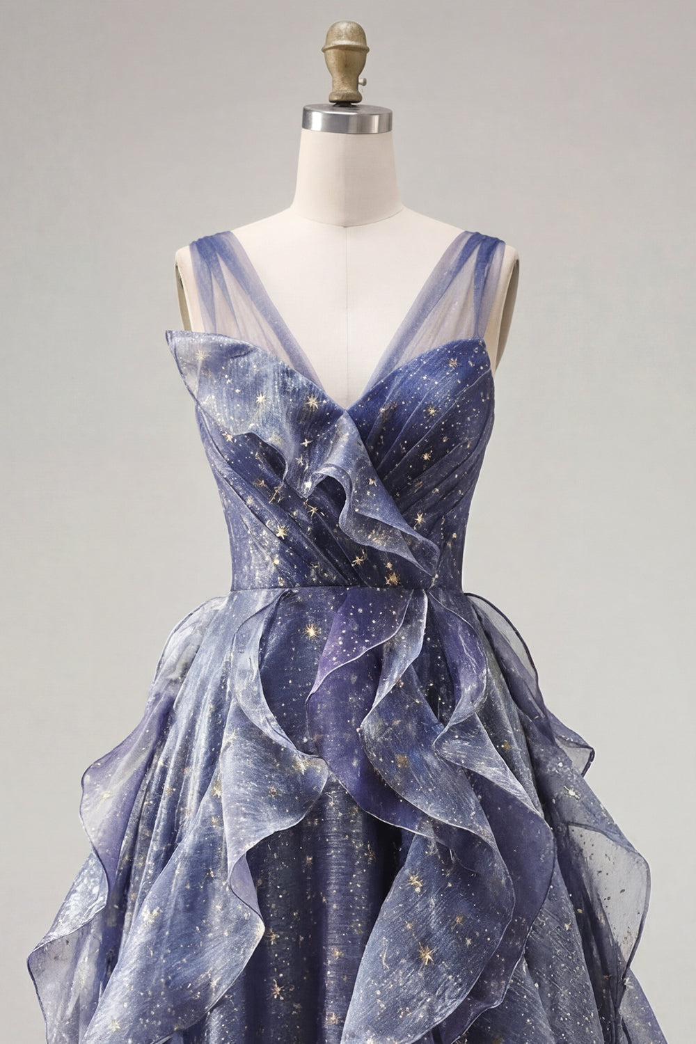 Sparkly Dusty Blue V-Neck Long Ruched A Line Formal Dress with Ruffles