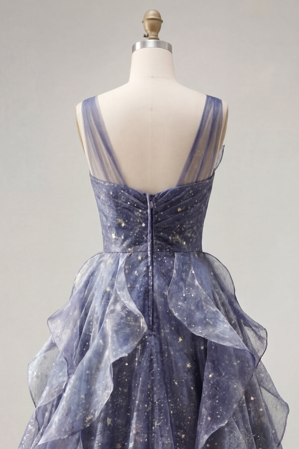 Sparkly Dusty Blue V-Neck Long Ruched A Line Formal Dress with Ruffles